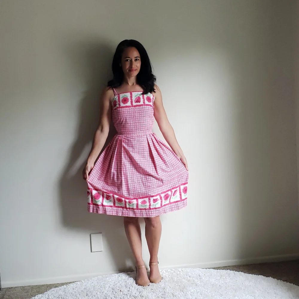 1950s Vintage Spring Pink Fit and Flare Dress Floral Border Frock - Picture 4 of 8